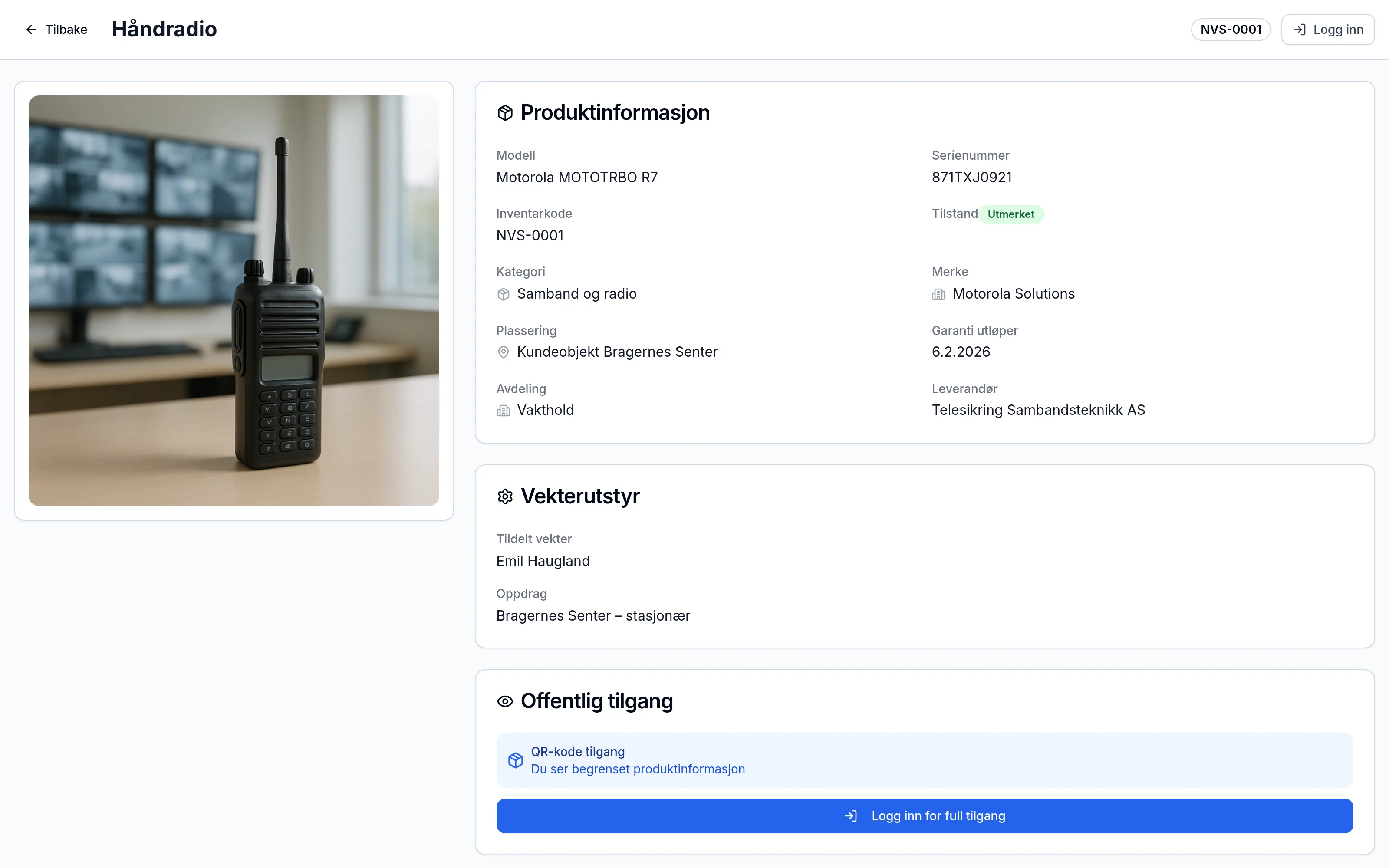 Offentlig QR-side for et inventarelement hos sikkerhet-og-vakthold – skannes med mobilen