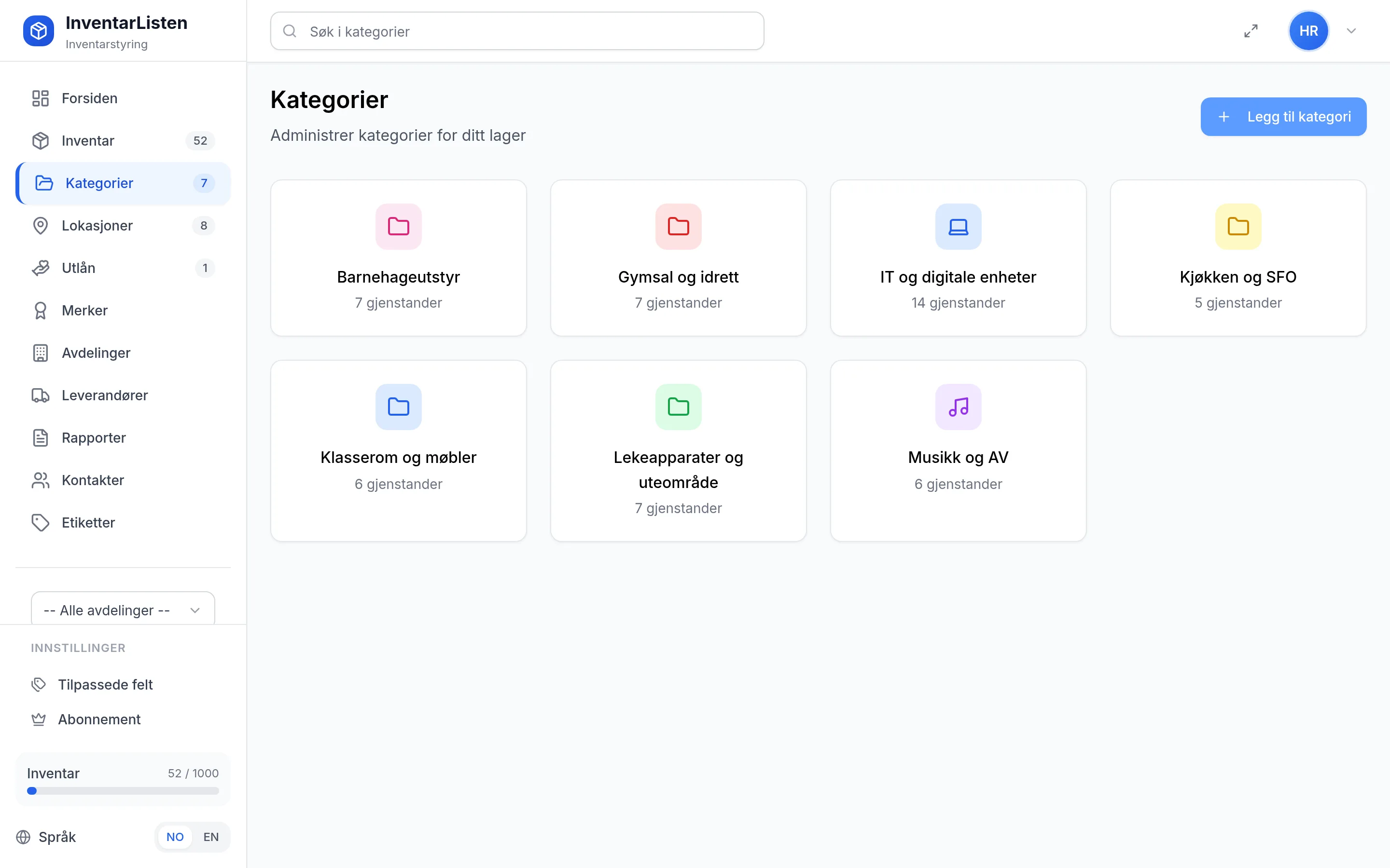 Kategorier for skole og barnehage i InventarListen