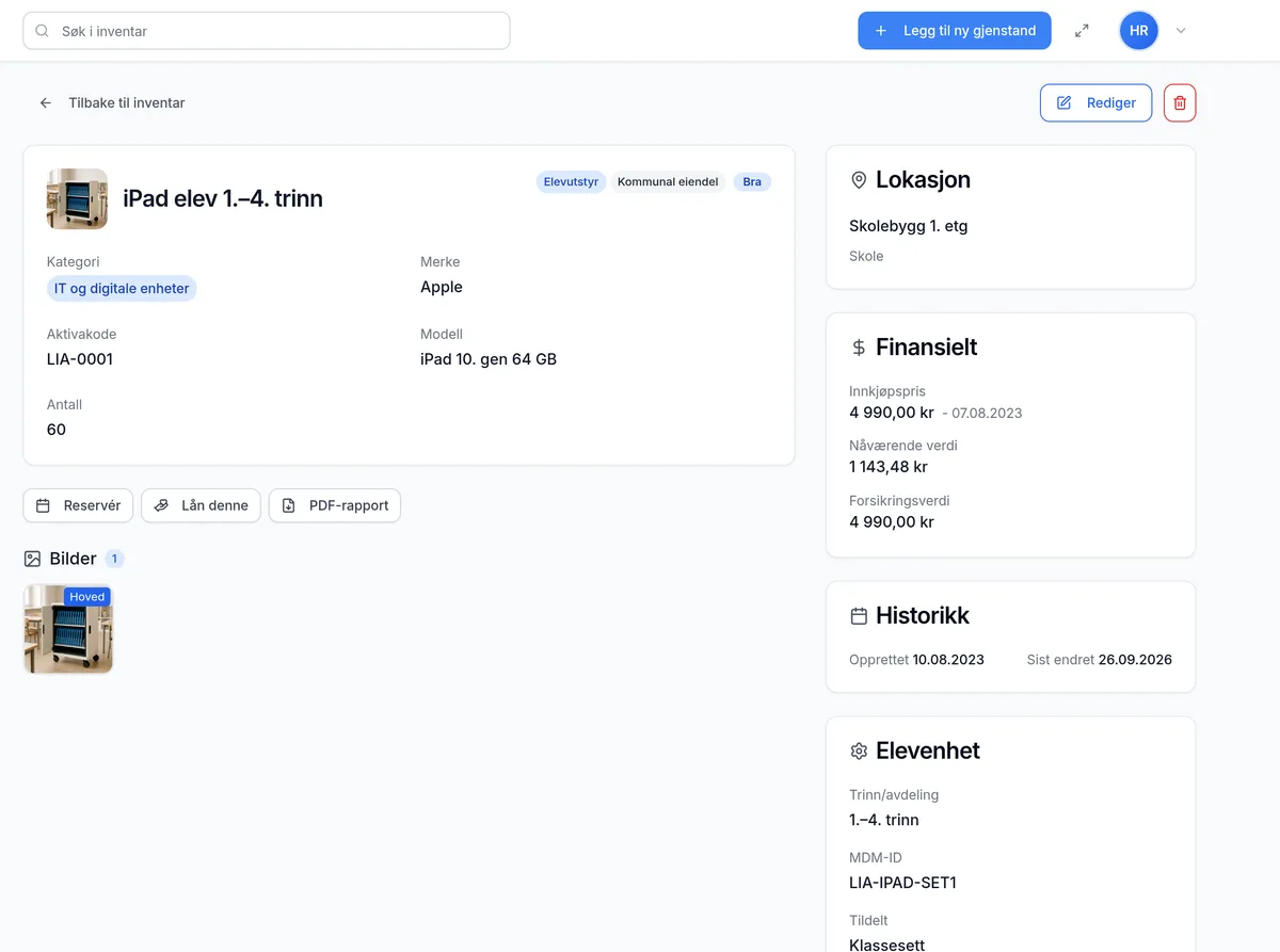 Detaljside for et inventarelement hos skole og barnehage – verdi, service, garanti og egendefinerte felt
