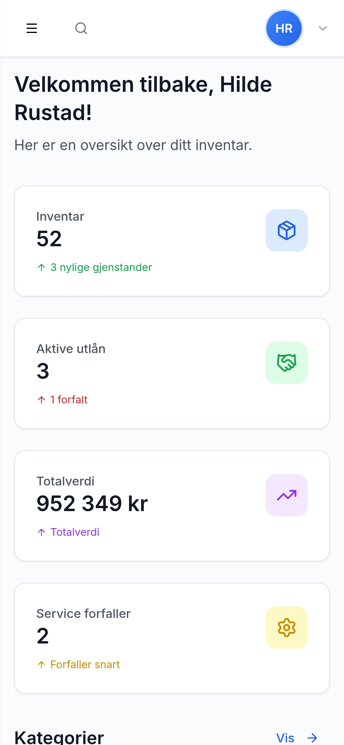 Dashbord for skole og barnehage på mobil i InventarListen