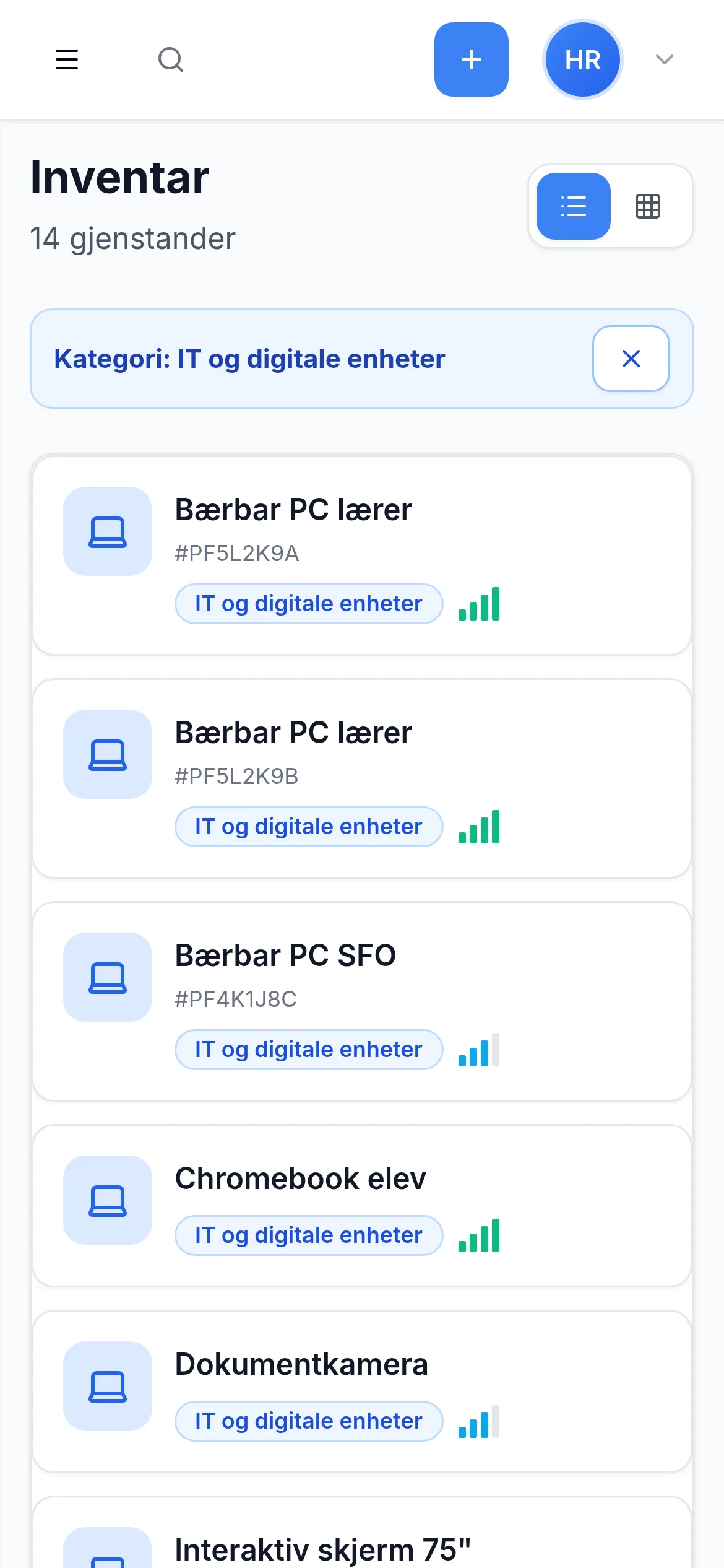 Inventarliste for skole og barnehage på mobil i InventarListen