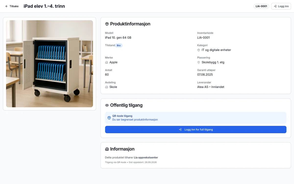 Offentlig QR-side for et inventarelement hos skole og barnehage – skannes med mobilen