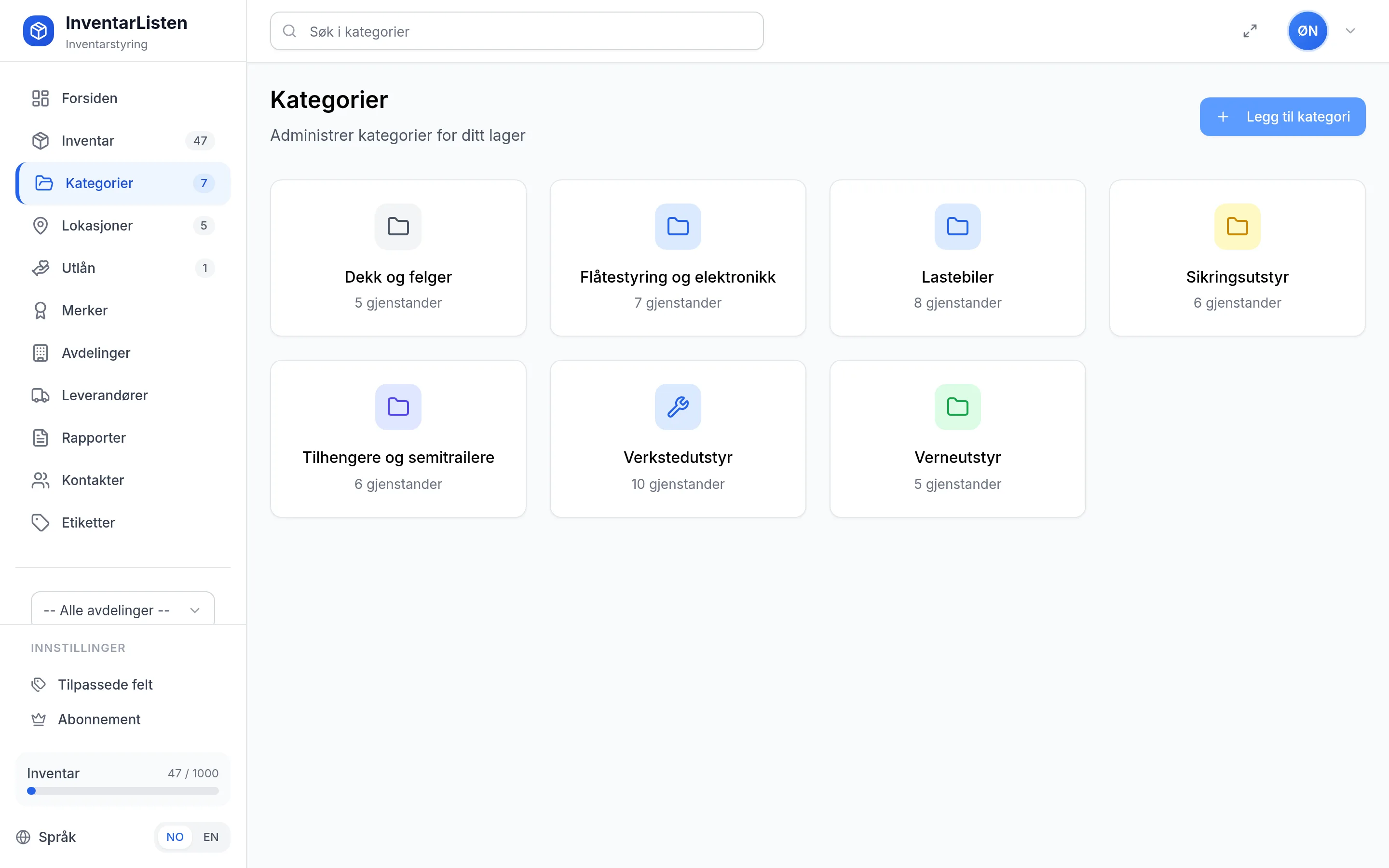 Kategorier for transportbedrift i InventarListen