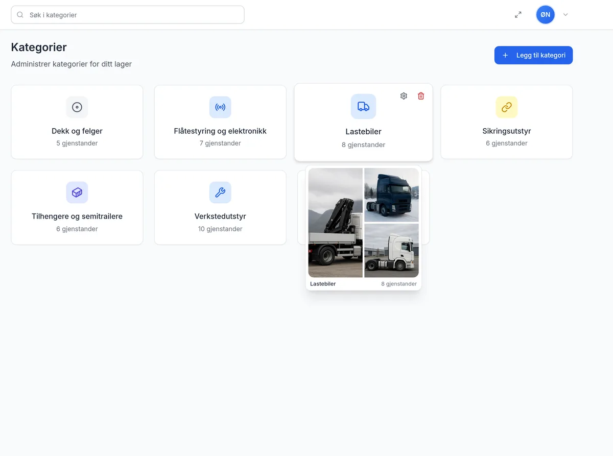 Bildekollasj fra en kategori ved mouseover i kategorioversikten for transportbedrift