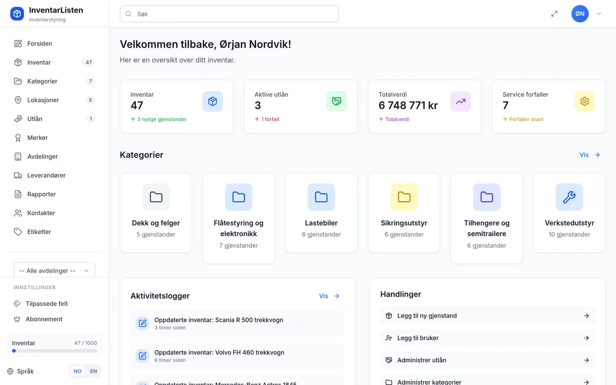 Dashbordet i InventarListen – oversikt over inventar, utlån, totalverdi og service som forfaller
