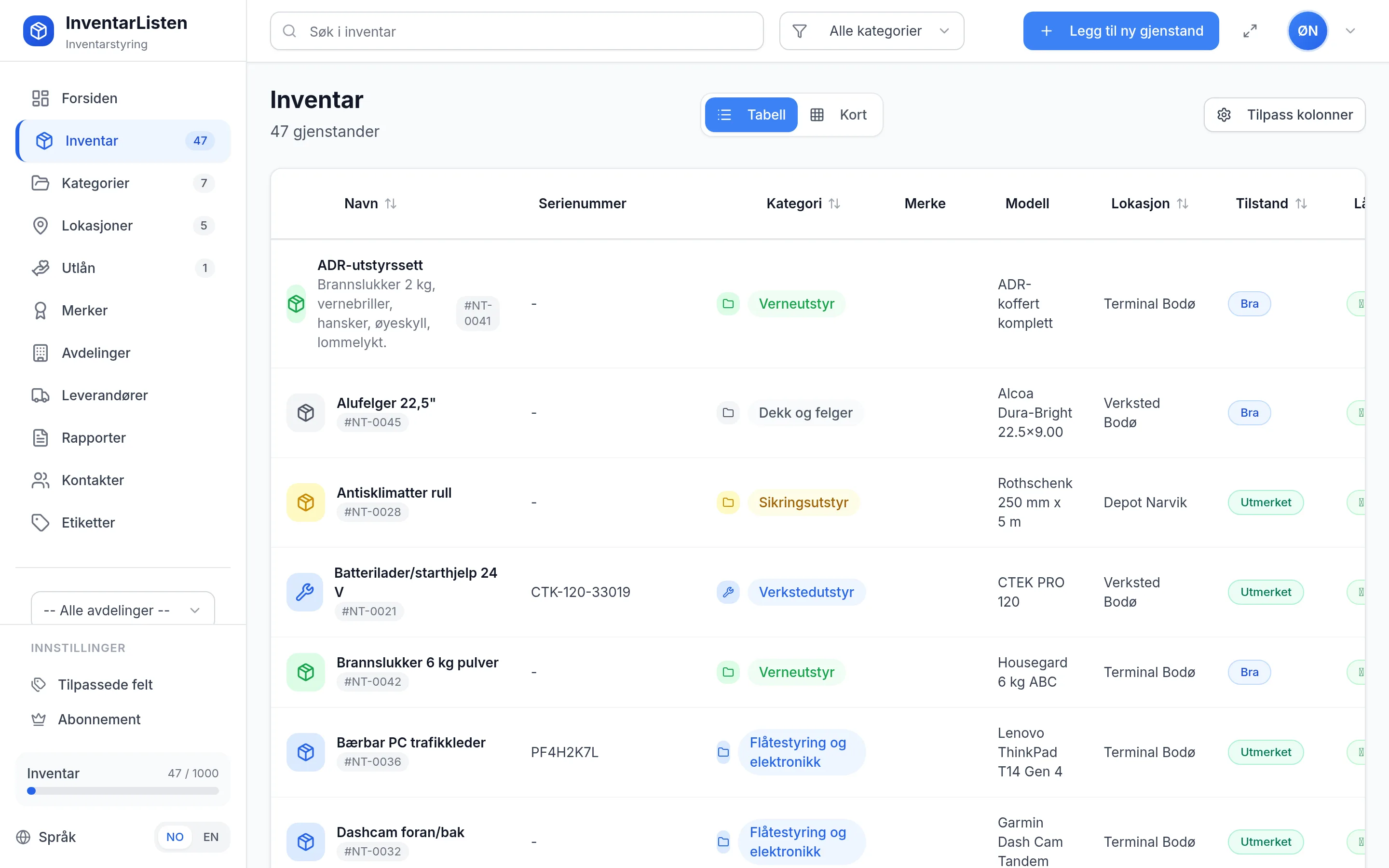 Inventarliste for transportbedrift i InventarListen – tabellvisning med kategori, plassering og tilstand