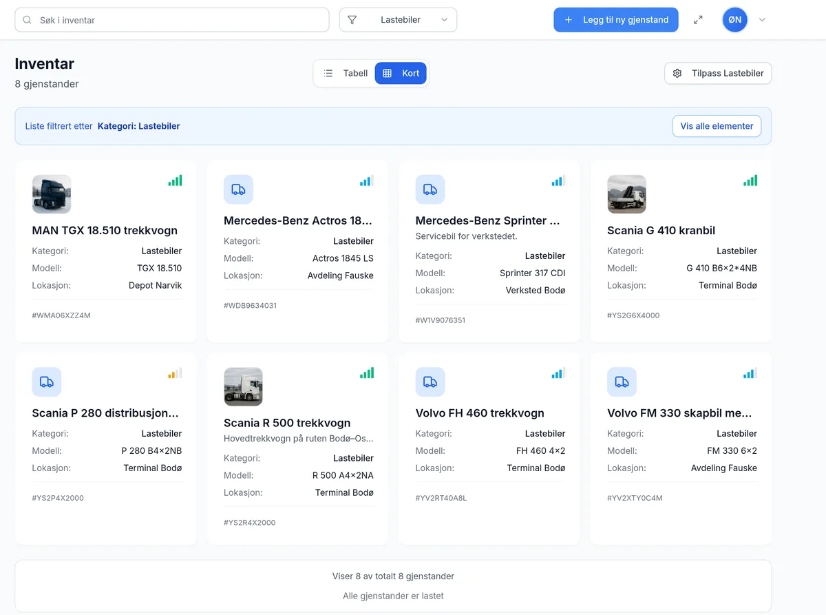 Inventar for transportbedrift i kortvisning med bilder i InventarListen