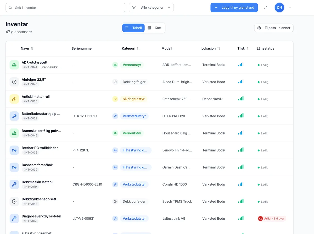 Inventarliste for transportbedrift i InventarListen – tabellvisning med kategori, plassering og tilstand