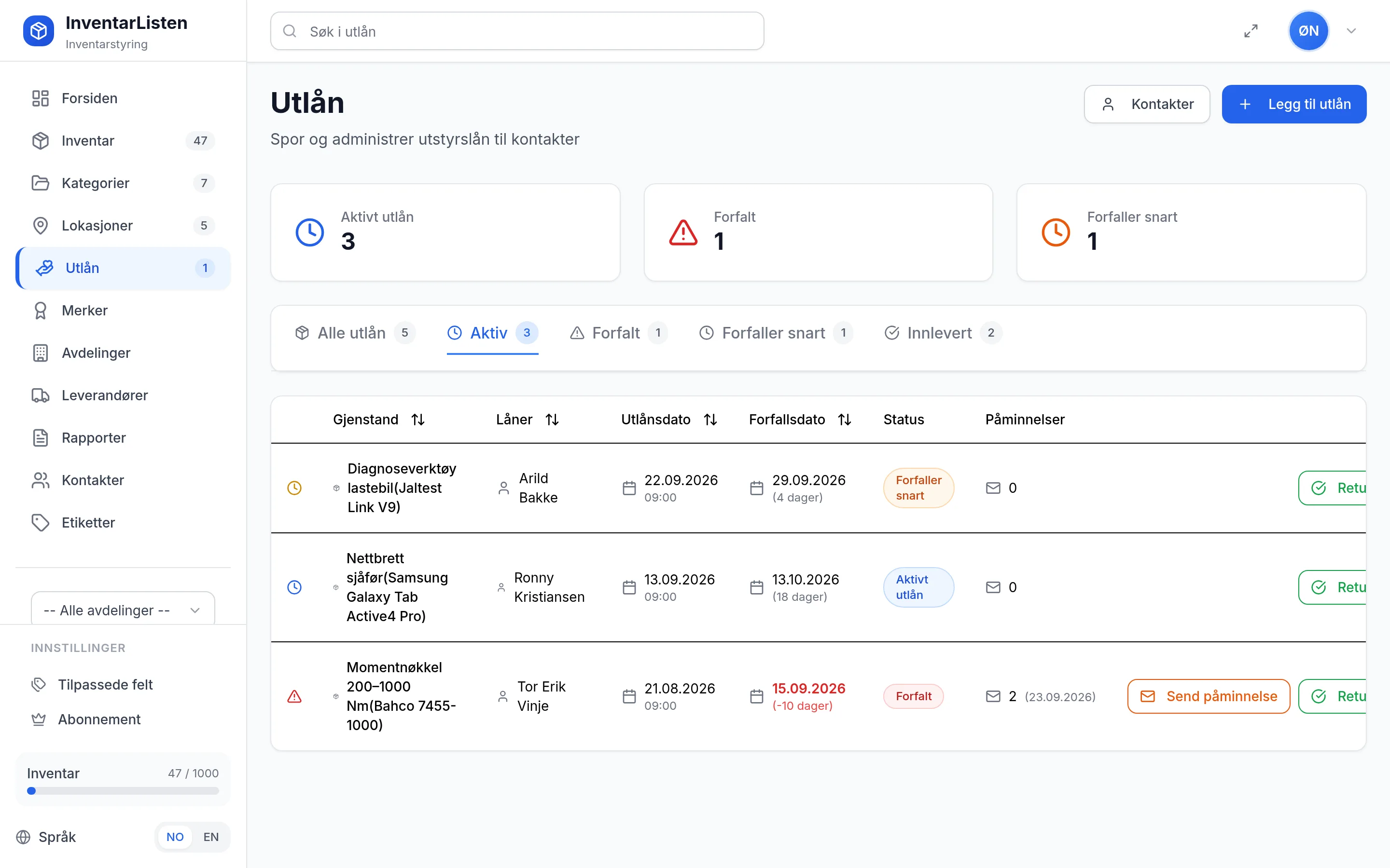 Utlånsoversikt for transportbedrift i InventarListen – aktive og forfalte utlån