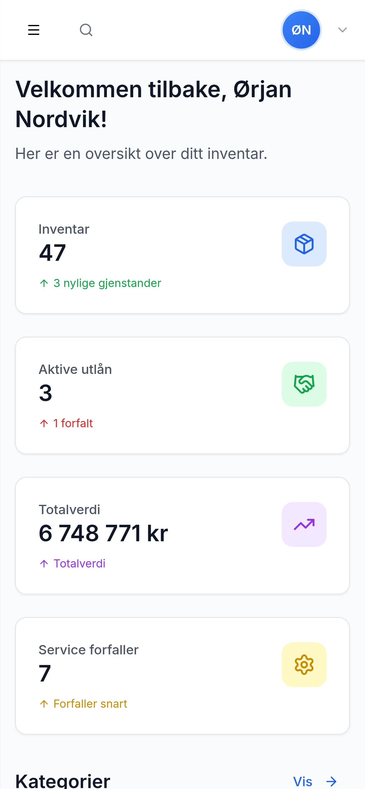 Dashbord for transportbedrift på mobil i InventarListen