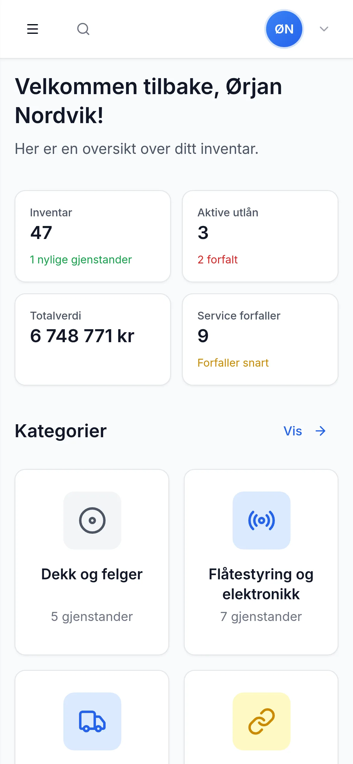 Dashbord for transportbedrift på mobil i InventarListen