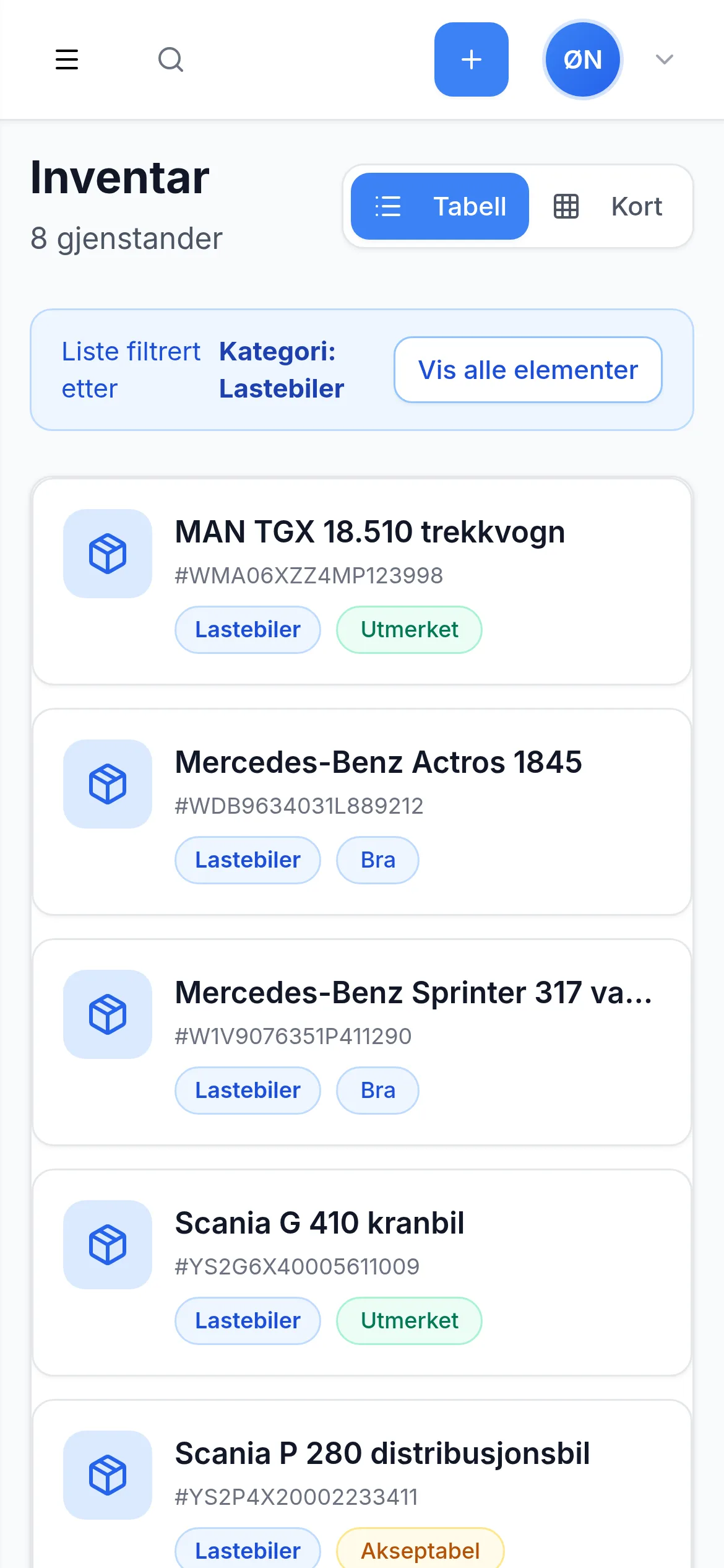 Inventarliste for transportbedrift på mobil i InventarListen