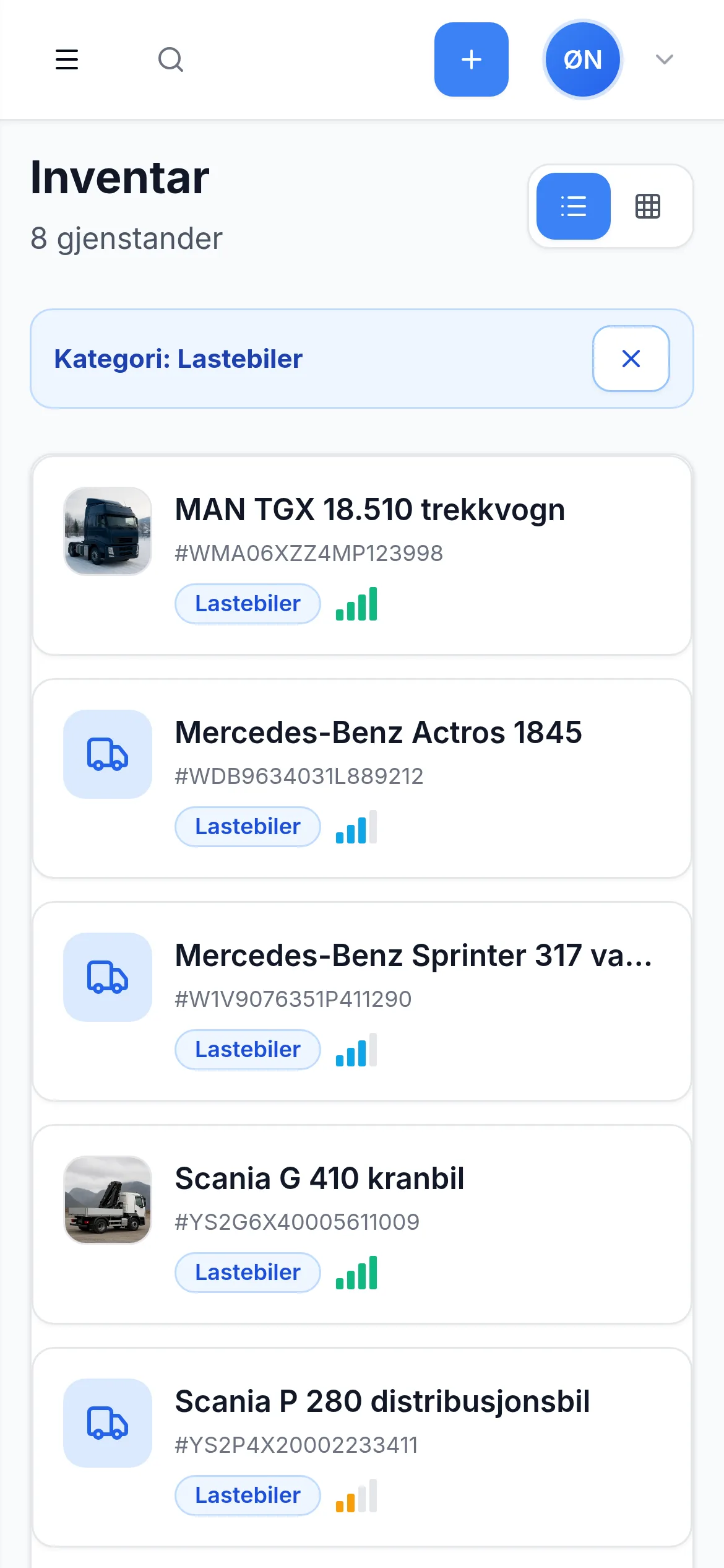Inventarliste for transportbedrift på mobil i InventarListen
