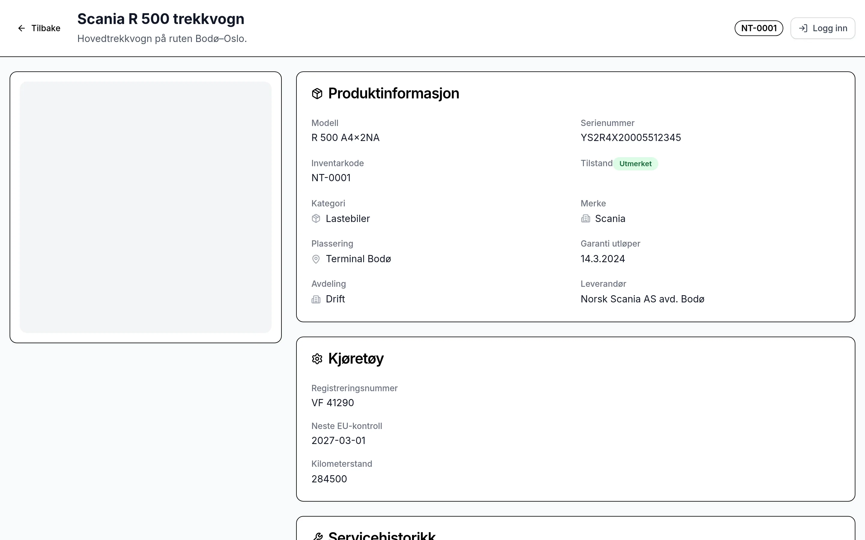 Offentlig QR-side for et inventarelement hos transportbedrift – skannes med mobilen