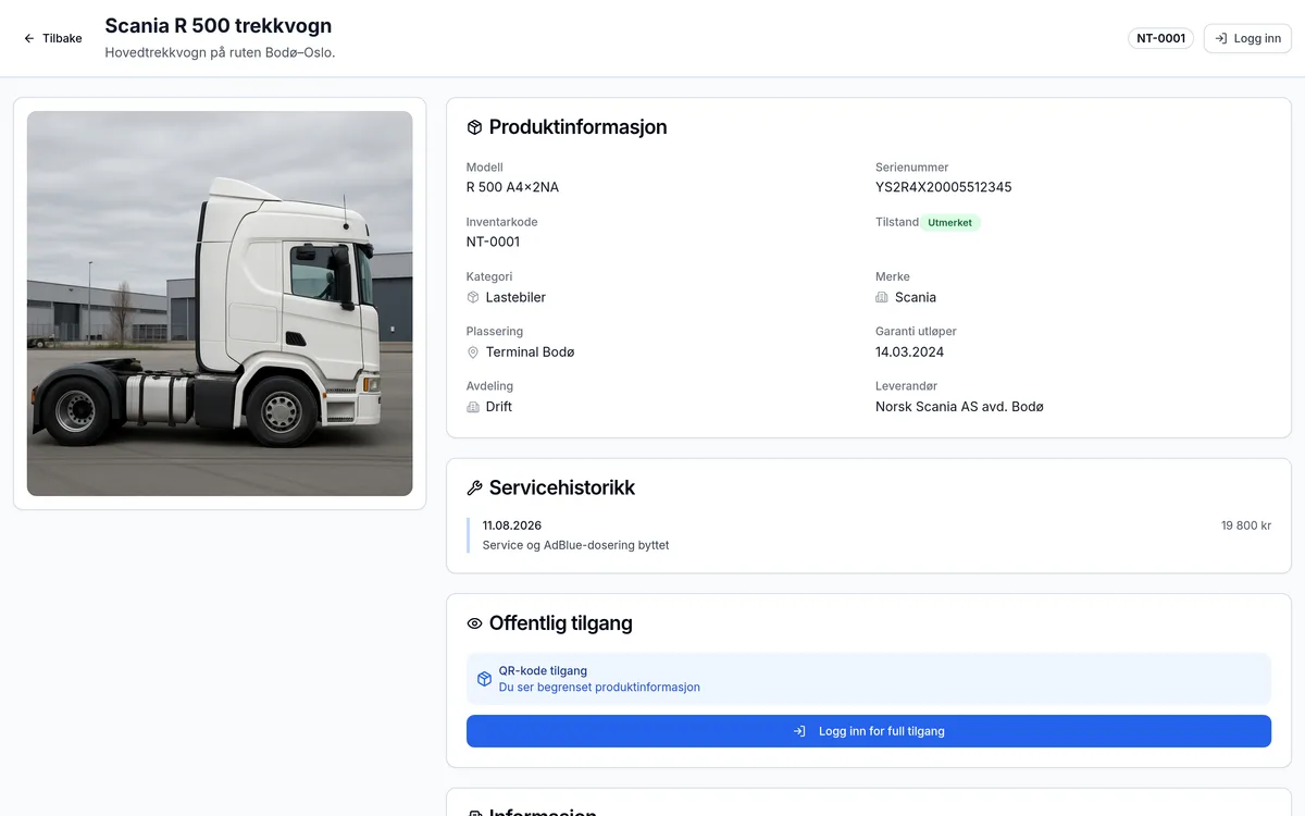 Offentlig QR-side for et inventarelement hos transportbedrift – skannes med mobilen