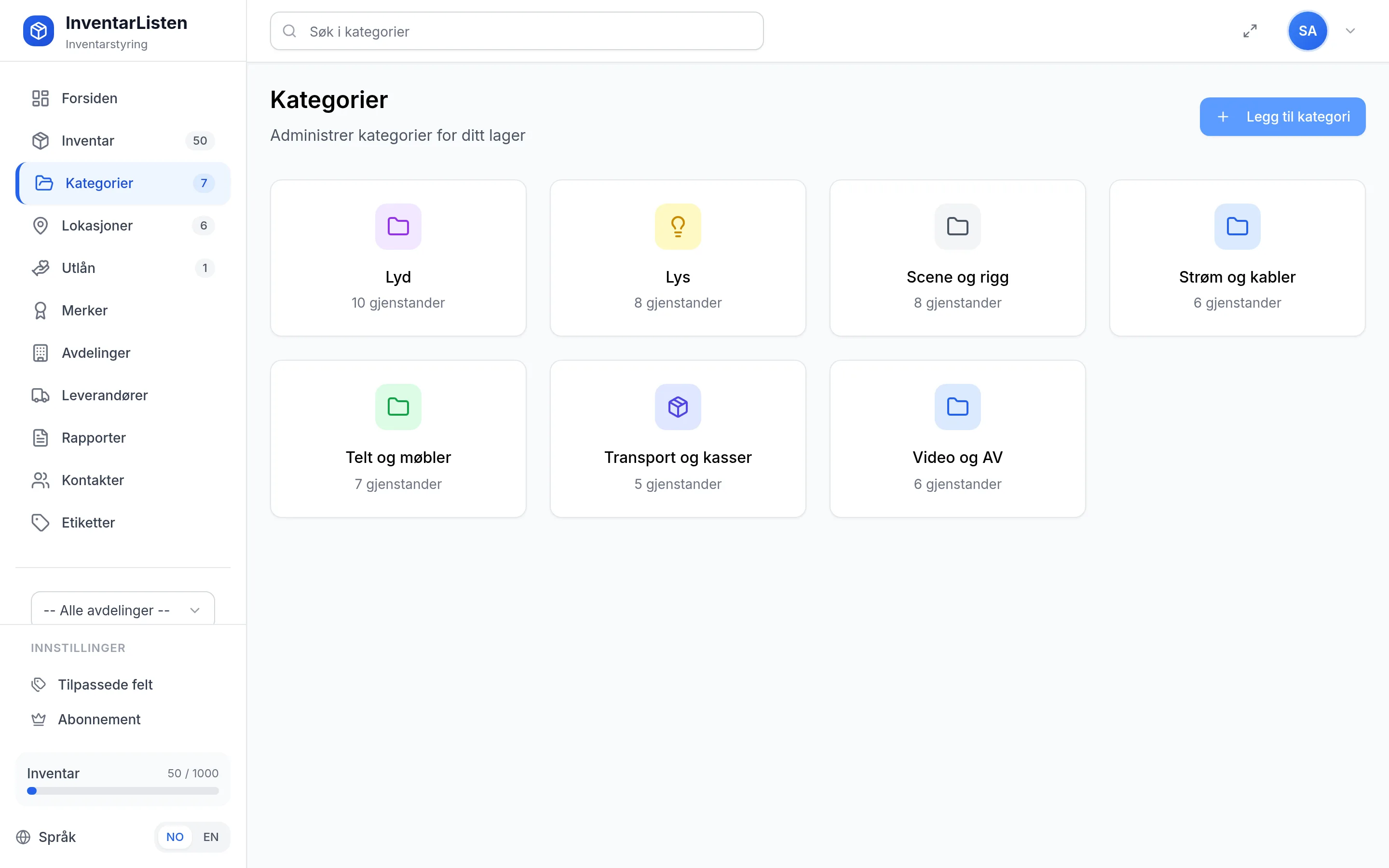 Kategorier for utleie- og eventselskap i InventarListen