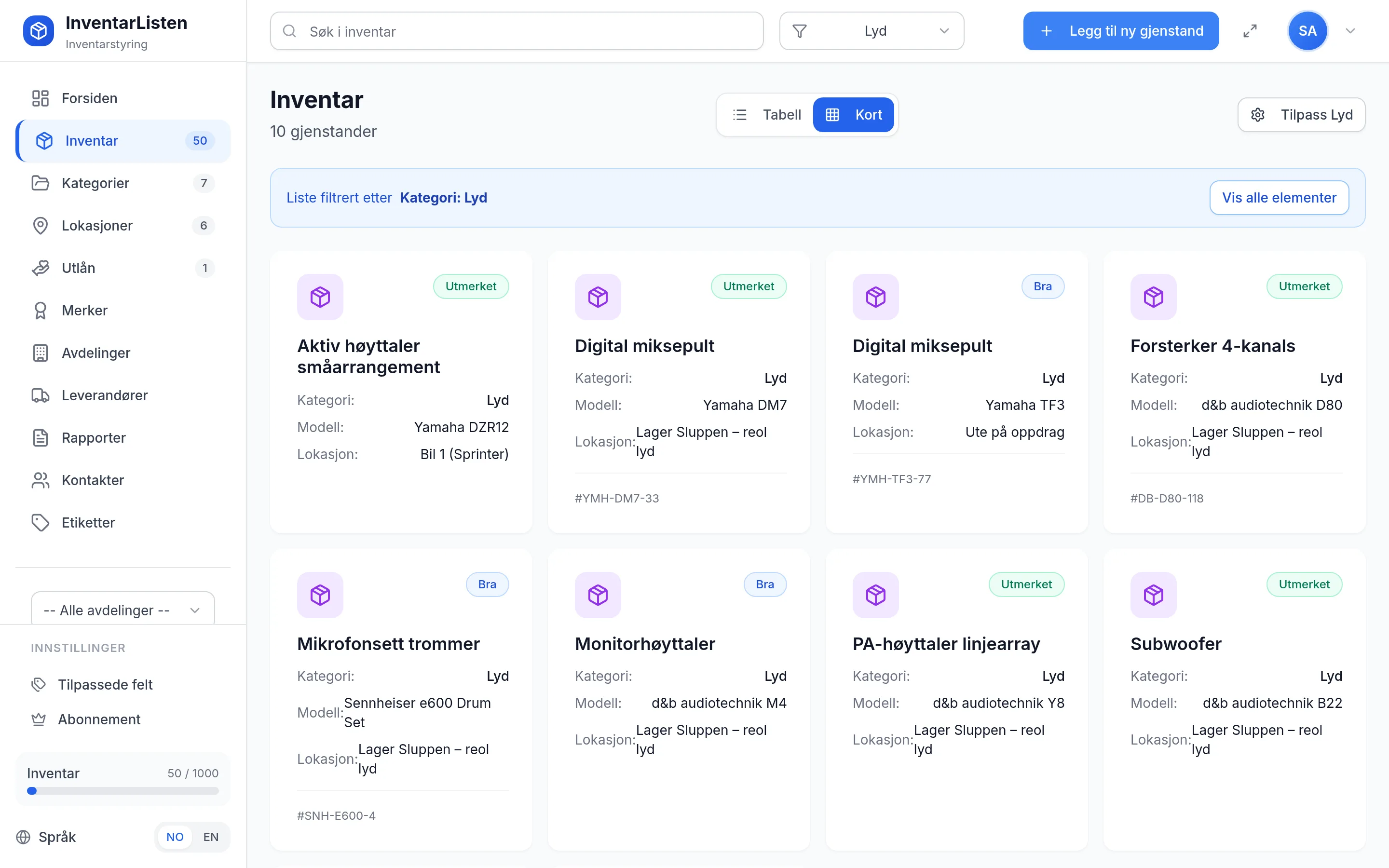 Inventar for utleie- og eventselskap i kortvisning med bilder i InventarListen