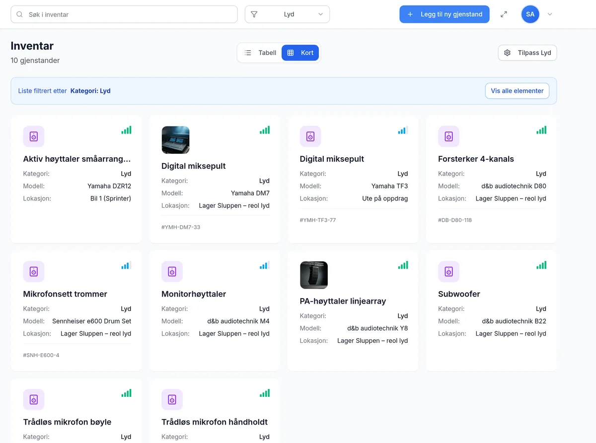 Inventar for utleie- og eventselskap i kortvisning med bilder i InventarListen