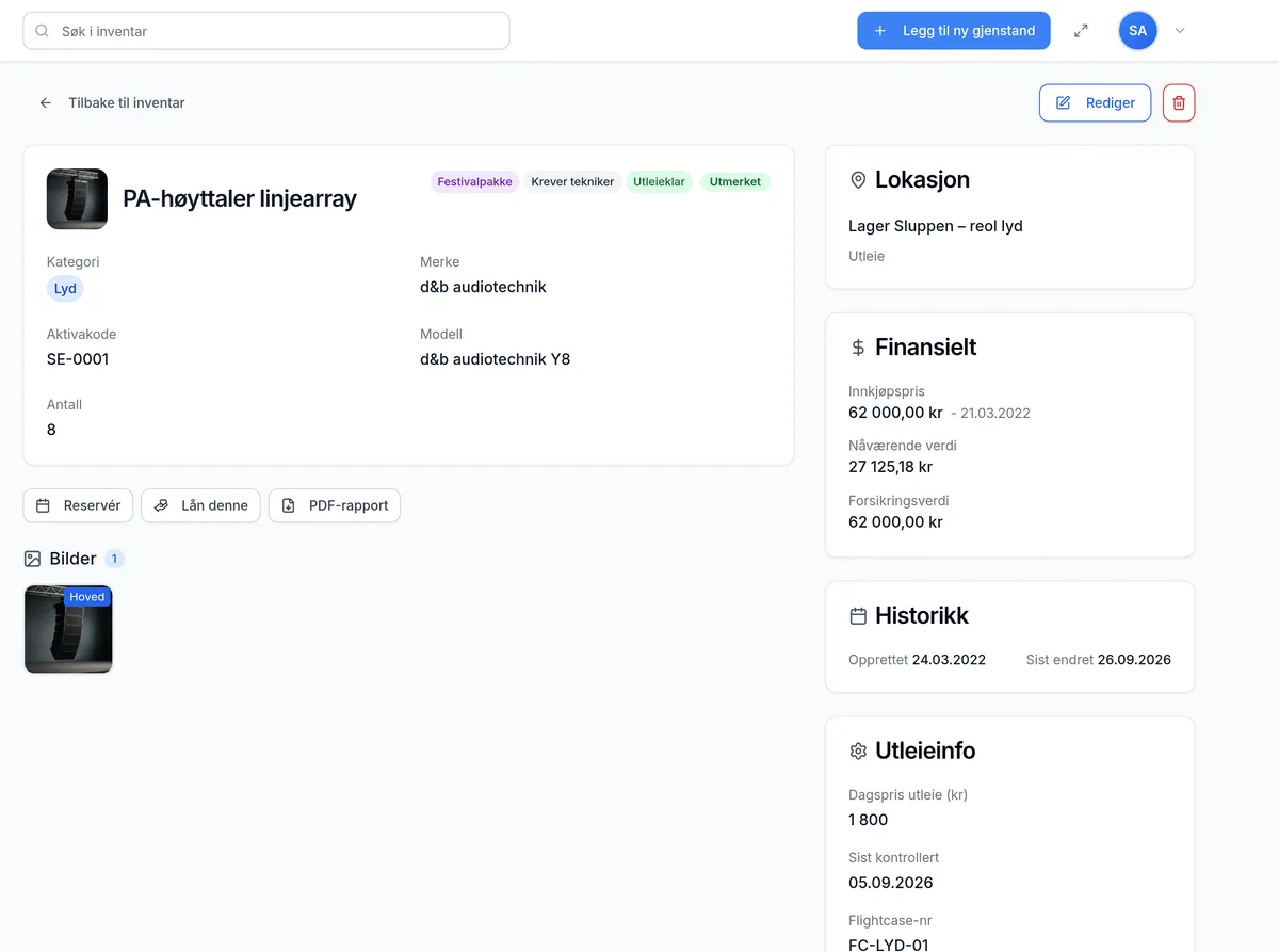Detaljside for et inventarelement hos utleie- og eventselskap – verdi, service, garanti og egendefinerte felt