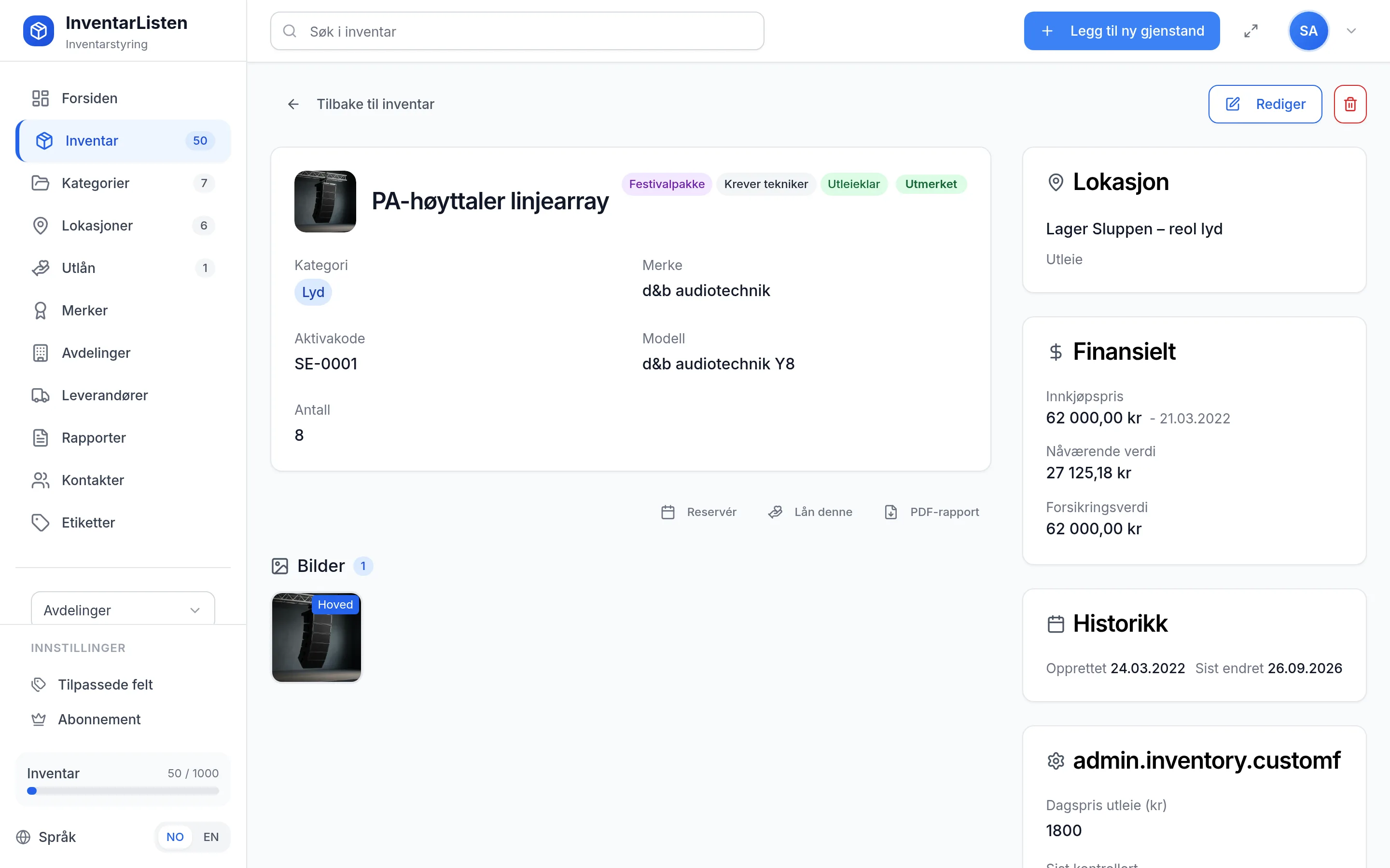 Detaljside for et inventarelement hos utleie- og eventselskap – verdi, service, garanti og egendefinerte felt
