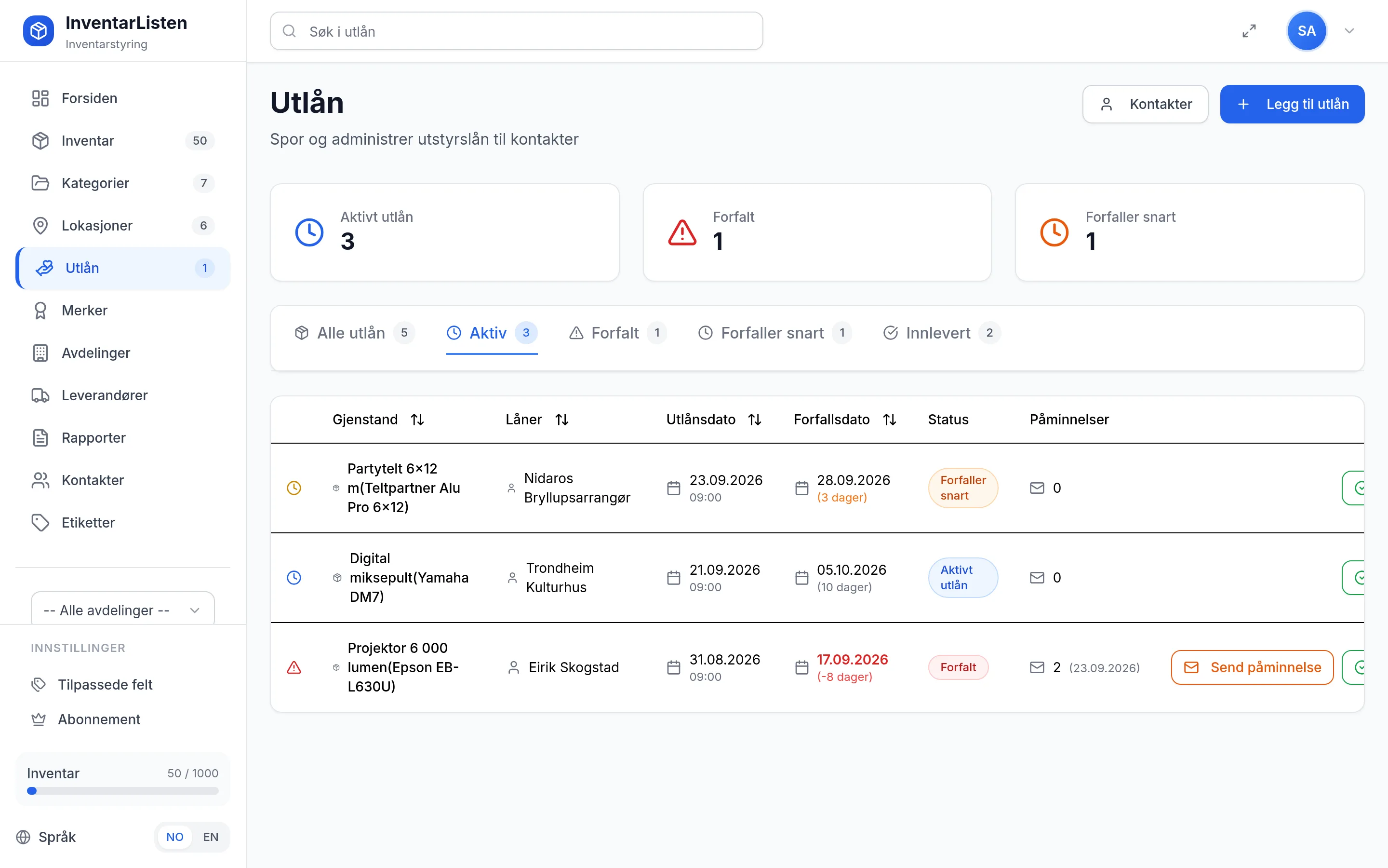 Utlånsoversikt for utleie- og eventselskap i InventarListen – aktive og forfalte utlån
