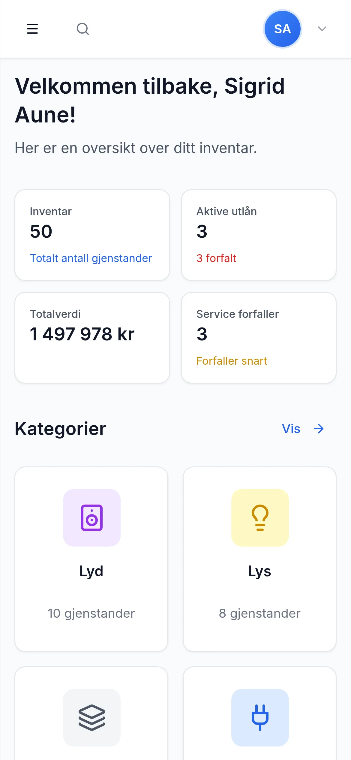 Dashbord for utleie- og eventselskap på mobil i InventarListen