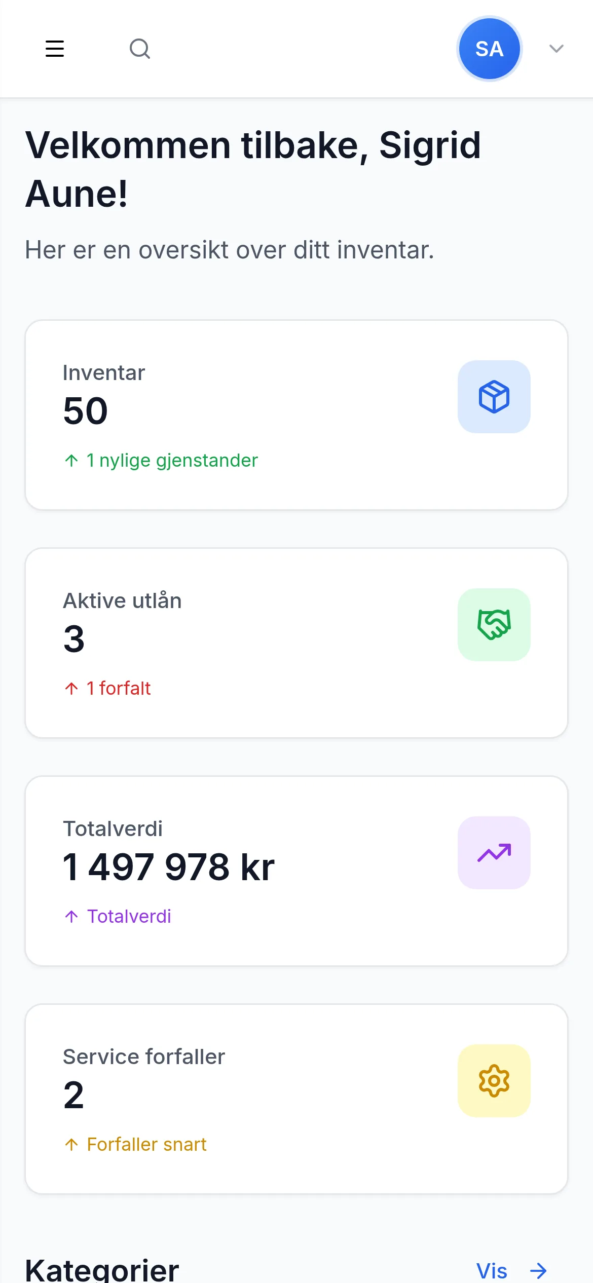 Dashbord for utleie- og eventselskap på mobil i InventarListen