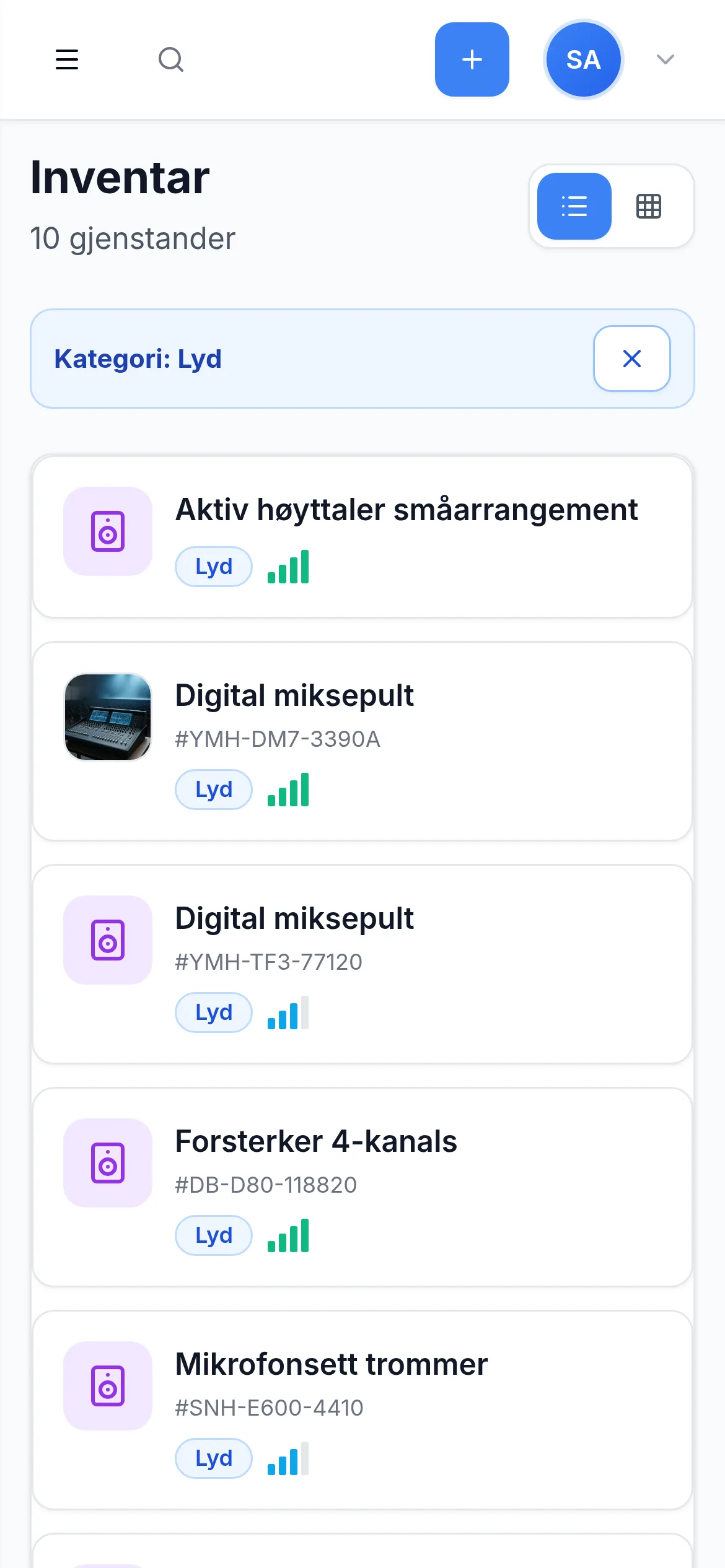 Inventarliste for utleie- og eventselskap på mobil i InventarListen