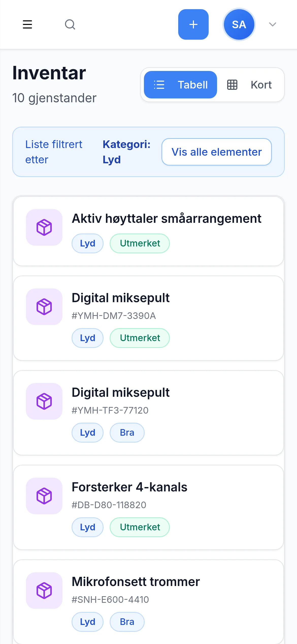 Inventarliste for utleie- og eventselskap på mobil i InventarListen
